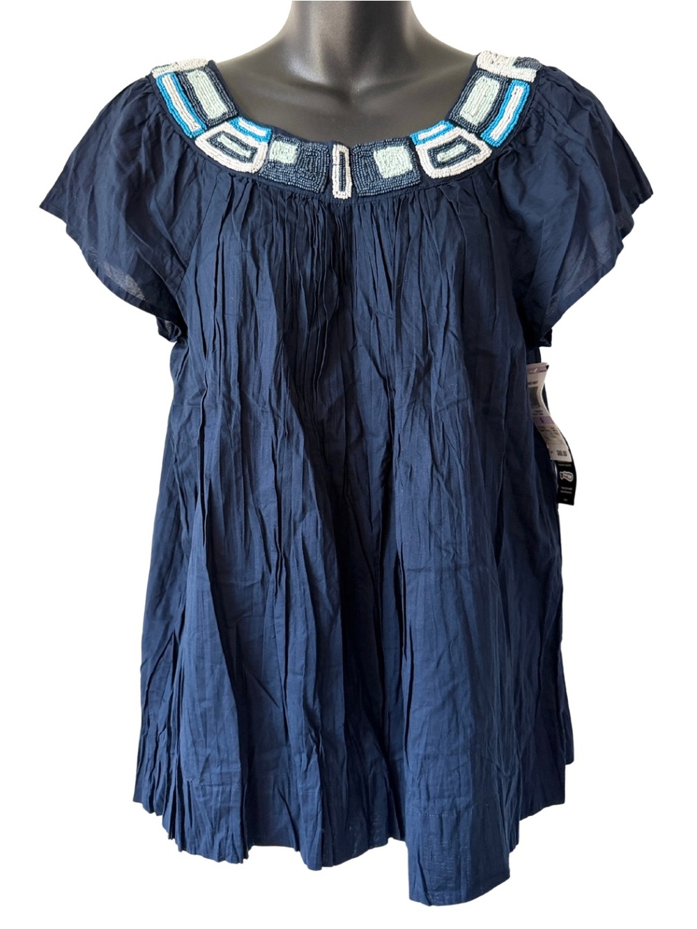 Charter Club Embroidered Navy Blue Peasant Top Beaded Neckline Womens Size 6